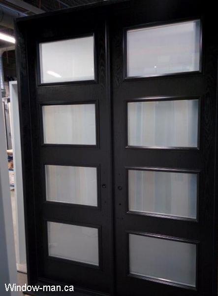 Contemporary exterior doors. Double front entry black. Modern shaker style doors. Acid etched glass inserts Privacy Glass. 8 foot 96 inches high. Lorraine retro collection shaker style.